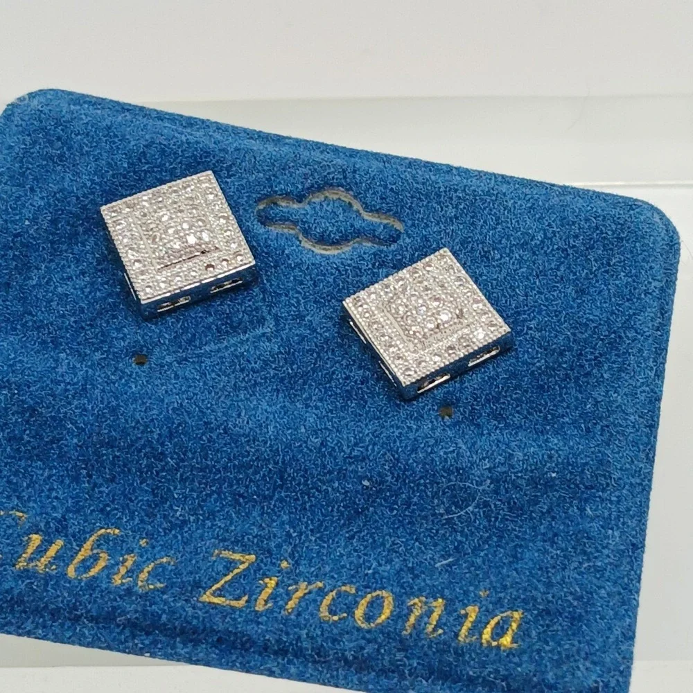 Vintage 1990s Square Micro Pave Cubic Zirconia Stud Earrings Silver‎ Tone Rare